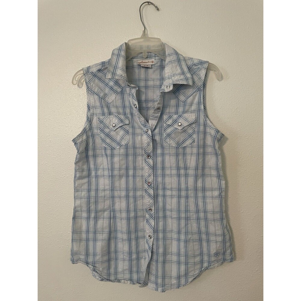 ARIAT Womens M Sleeveless Tank Top Bling Snap Western Plaid Cowgirl